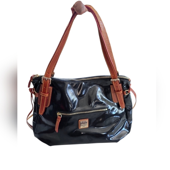 Dooney & Bourke Satchel Handbag Black Patent Leather Nina Large VTG Logo - Picture 1 of 16